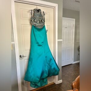 Rachel Allan Teal Beaded Halter Prom Dress